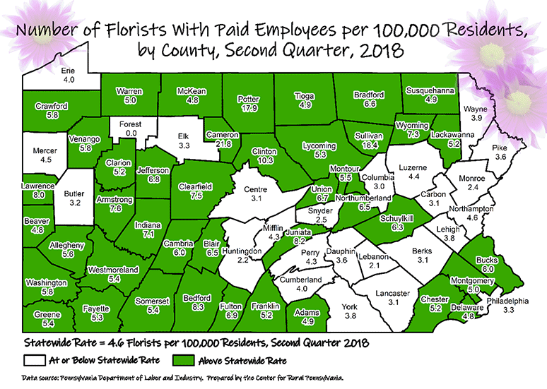 Pennsylvania Map Showing Number of Florists with Paid Employees per 100,000 Residents, by County, Second Quarter, 2018