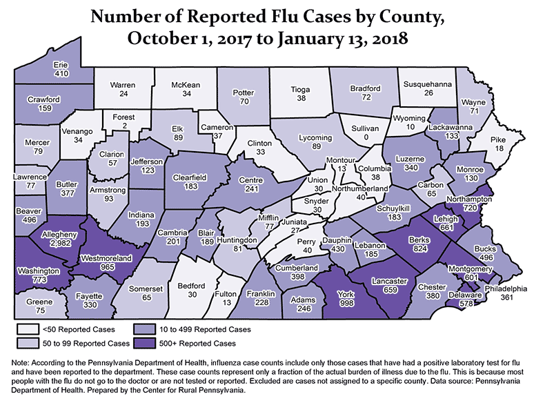 Pennsylvania Map Showing Number of Reported Flu Cases by County, October 1, 2017 to January 13, 2018