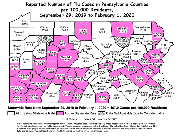 Pennsylvania Map Showing Reported Number of Flu Cases in Pennsylvania Counties per 100,000 Residents, September 29, 2019 to February 1, 2020