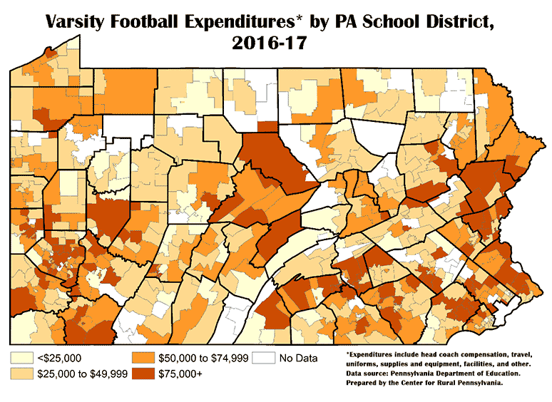 Pennsylvania Map Showing Varsity Football Expenditures* by PA School District, 2016-17