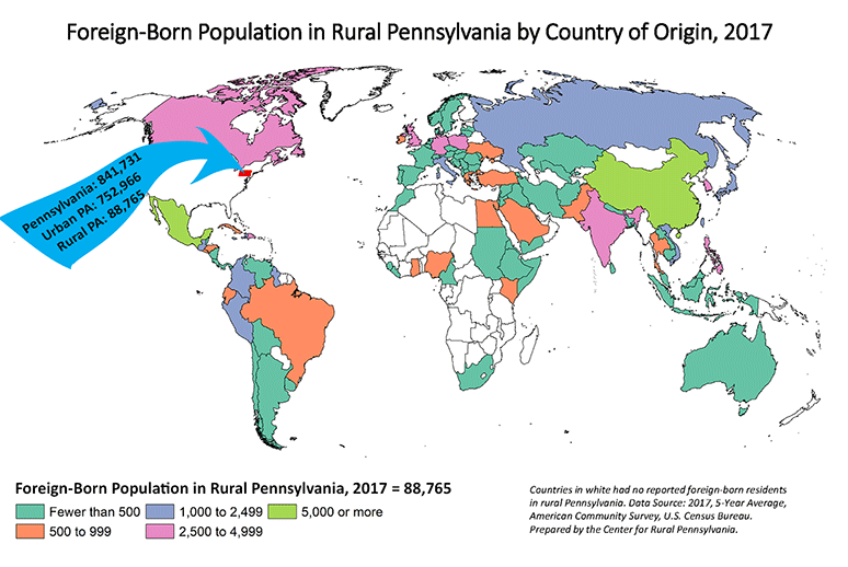 World Map Showing Foreign-Born Population in Rural Pennsylvania by Country of Origin, 2017