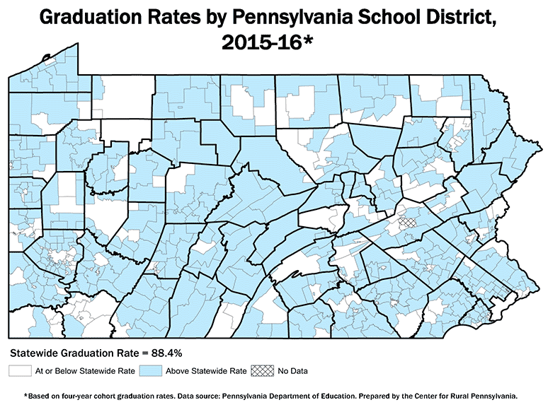 Map Showing Graduation Rates by Pennsylvania School District, 2015-16*