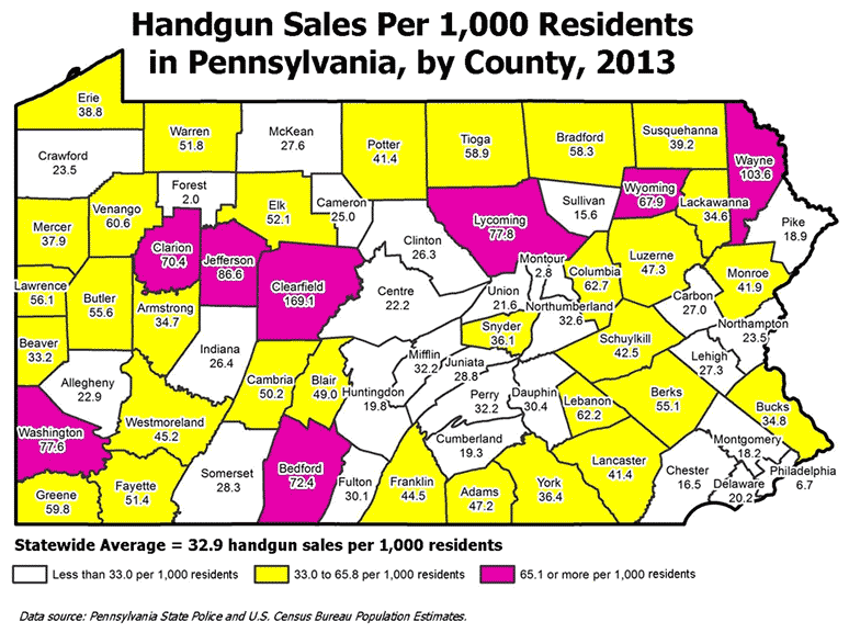 Handgun Sales Per 1,000 Residents in Pennsylvania, by County, 2013