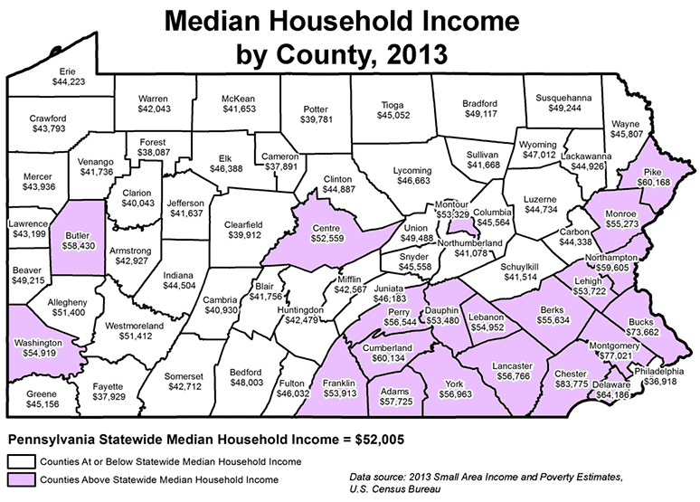 Pennsylvania Median Household Income by County, 2013
