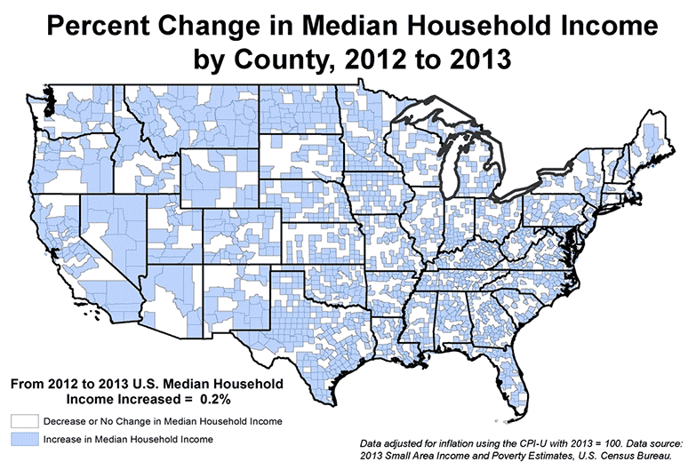 National Percent Change in Median Household Income by County, 2012 to 2013