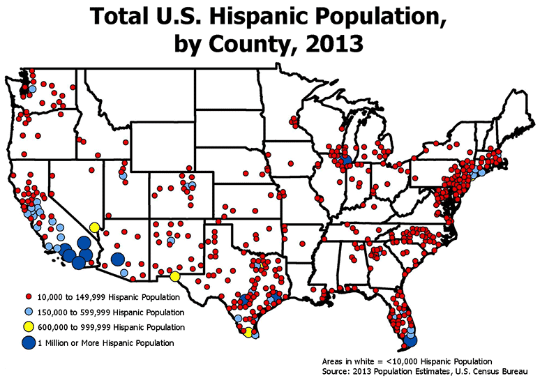 Total U.S. Hispanic Population, by County, 2013