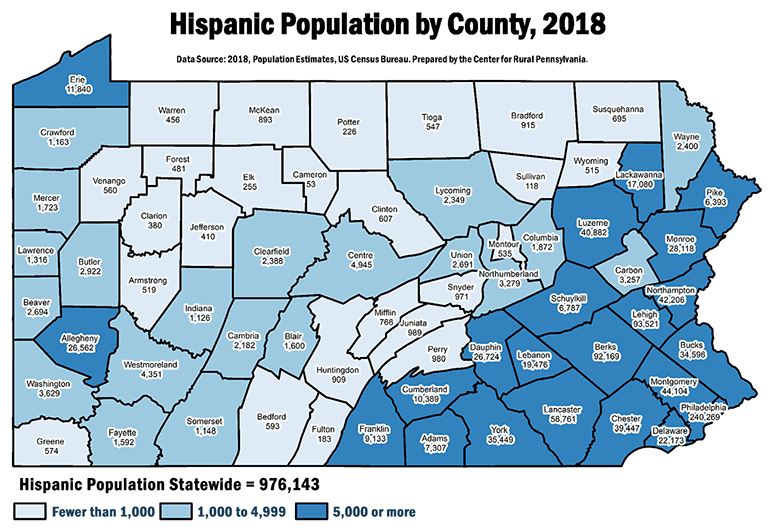 Pennsylvania Map Showing Hispanic Population by County, 2018