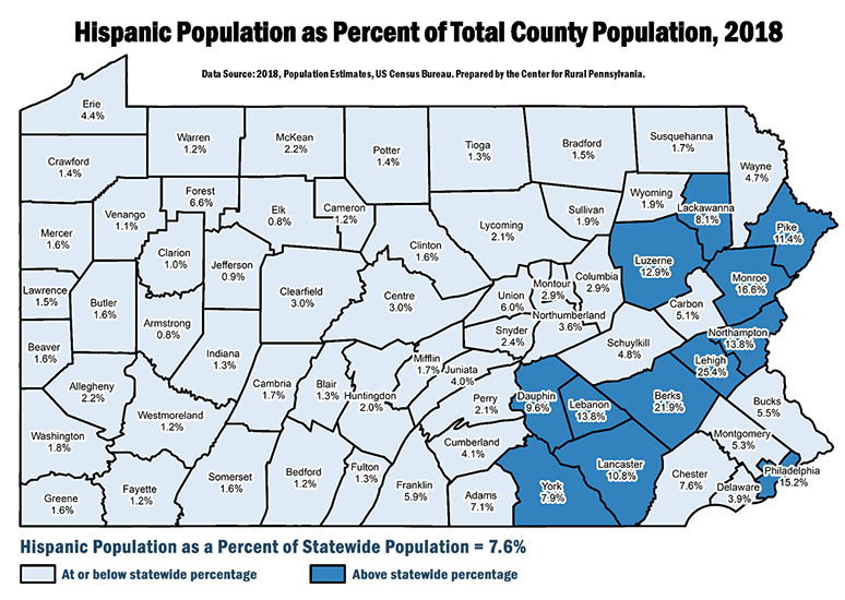 Pennsylvania Map Showing Hispanic Population as Percent of Total County Population, 2018