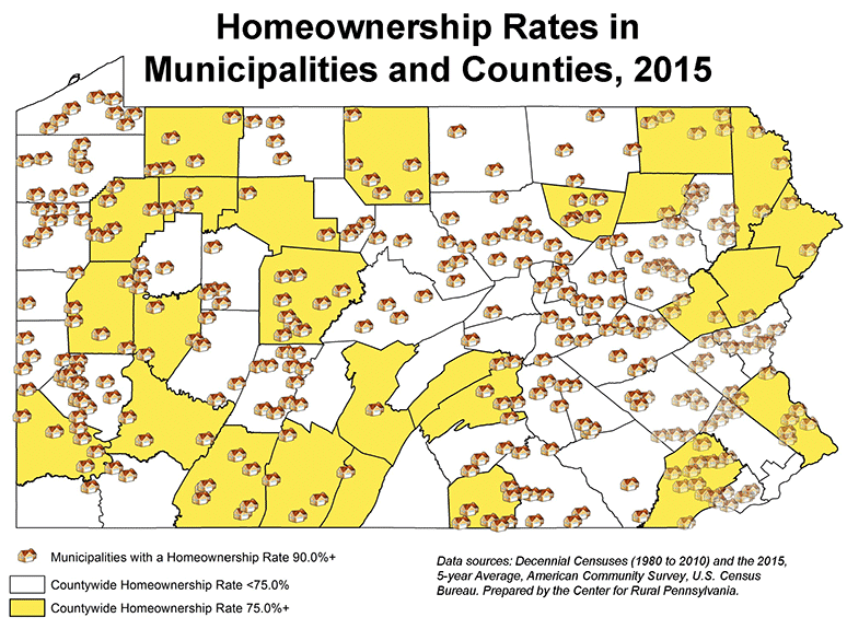 Map Showing Homeownership Rates in Pennsylvania Municipalities and Counties, 2015