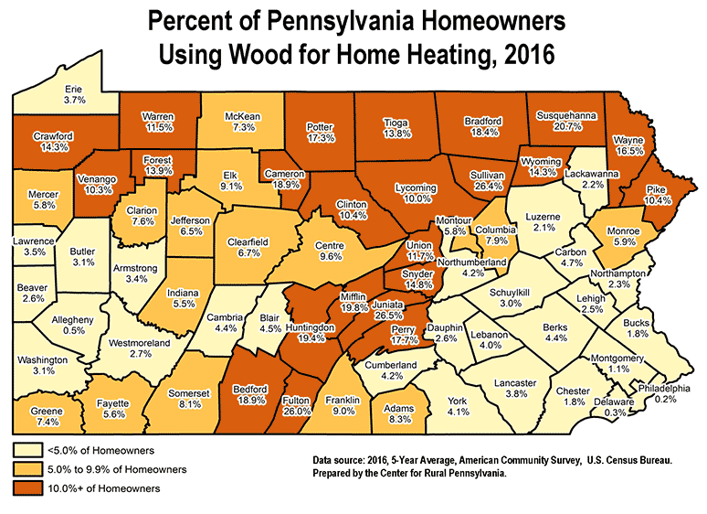 Pennsylvania Map Showing Percent of Pennsylvania Homeowners Using Wood for Home Heating, 2016