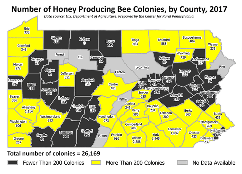 Pennsylvania Map: Number of Honey Producing Bee Colonies, by County, 2017