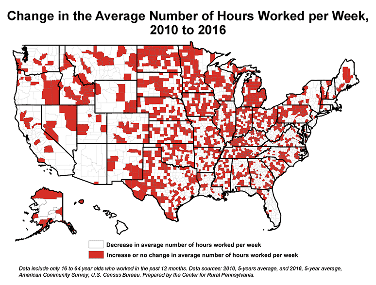 United States Map Showing Change in the Average Number of Hours Worked per Week, 2010 to 2016