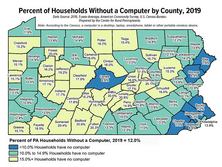 Pennsylvania Map: Percent of Households Without a Computer by County, 2019