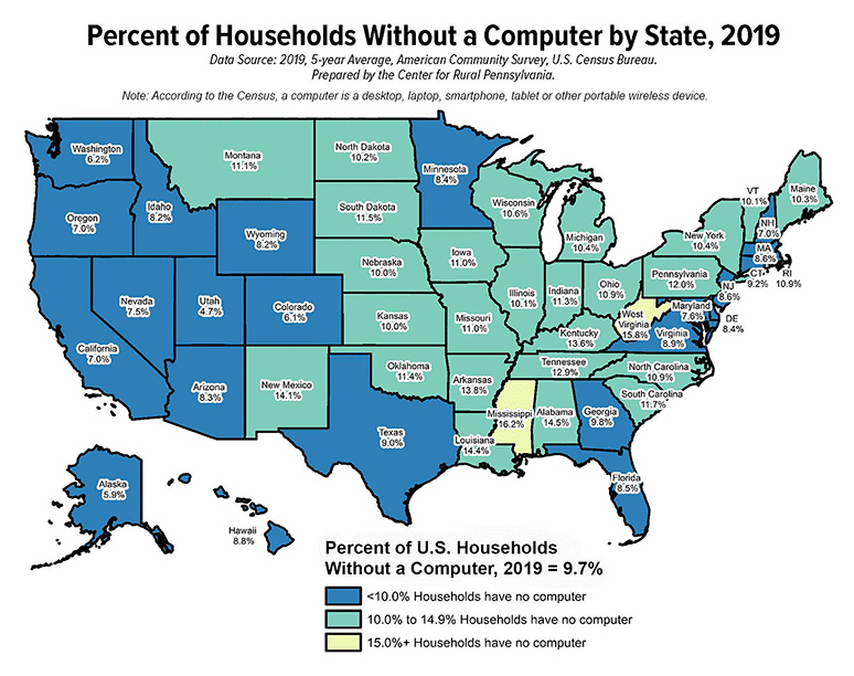 United States Map: Percent of Households Without a Computer by State, 2019