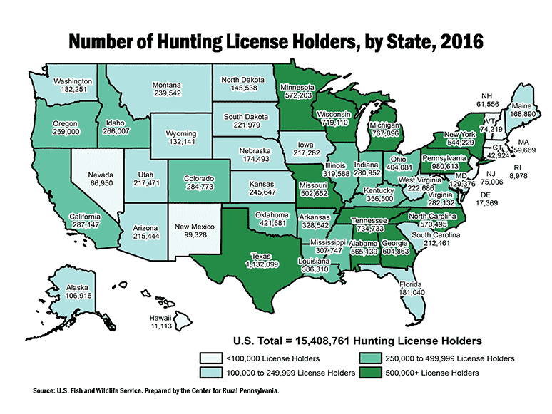 U.S. Map Showing Number of Hunting License Holders, by State, 2016