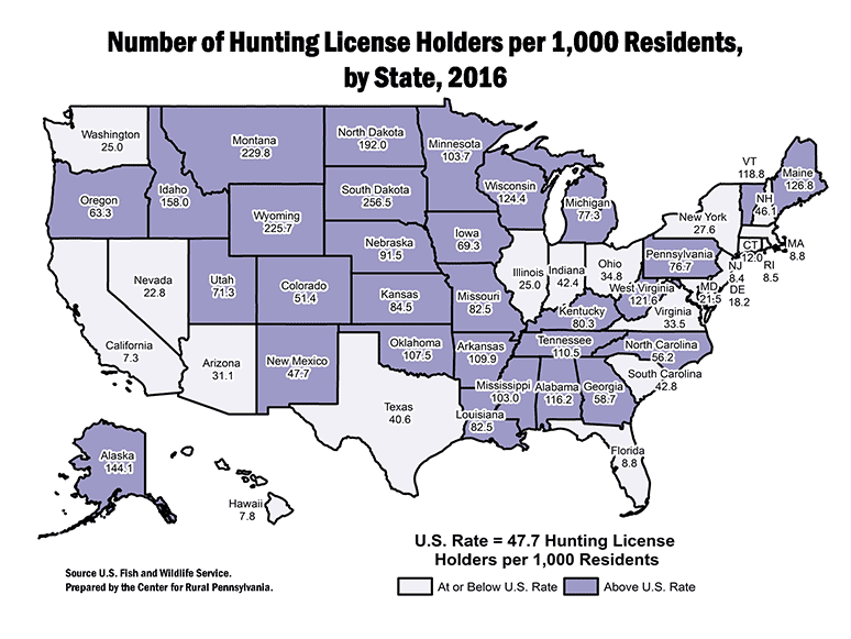 U.S. Map Showing Number of Hunting License Holders, per 1,000 Residents, by State, 2016