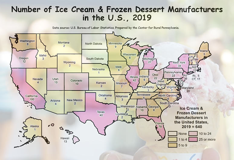 Map Showing Number of Ice Cream and Frozen Dessert Manufacturers in the United States, 2019