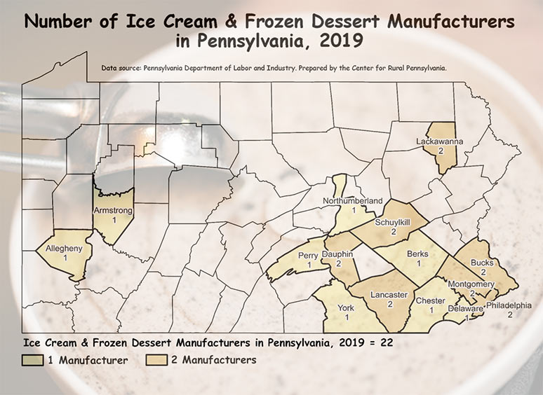 Map Showing Number of Ice Cream and Frozen Dessert Manufacturers in Pennsylvania, 2019