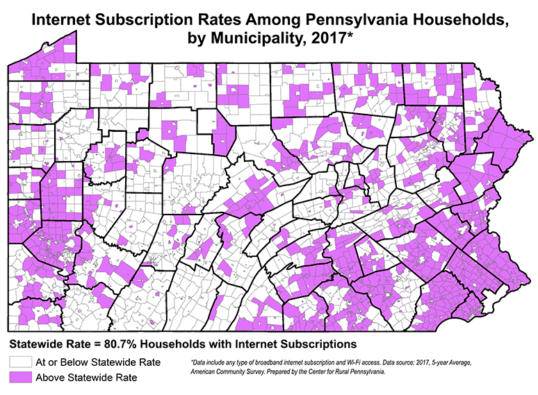 Pennsylvania Map Showing Internet Subscription Rates Among Pennsylvania Households, by Municipality, 2017*