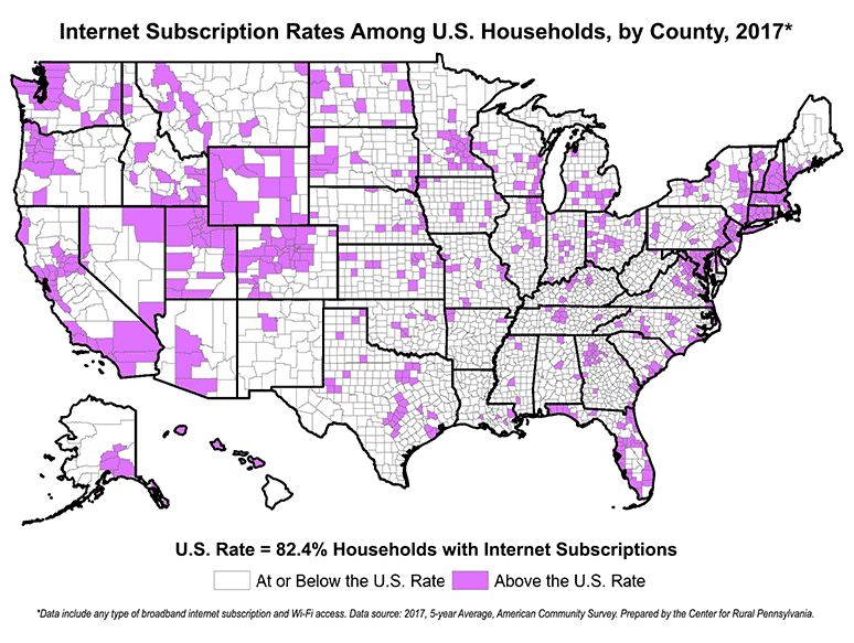 United States Map Showing Internet Subscription Rates Among U.S. Households, by County, 2017*