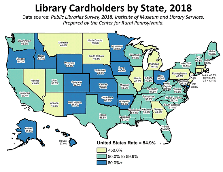 United States Map Showing Library Cardholders by State, 2018