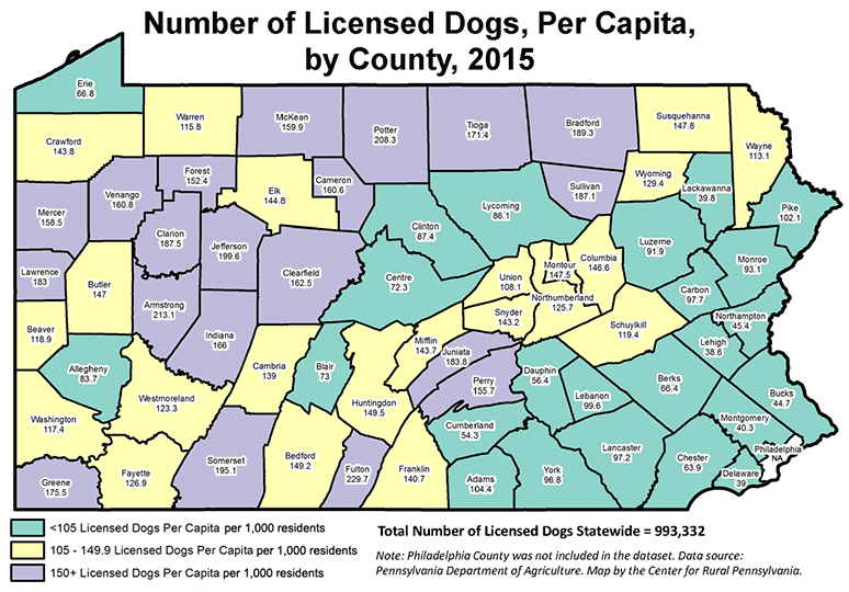 Total Number of Licensed Dogs, Per Capita, by County, 2015