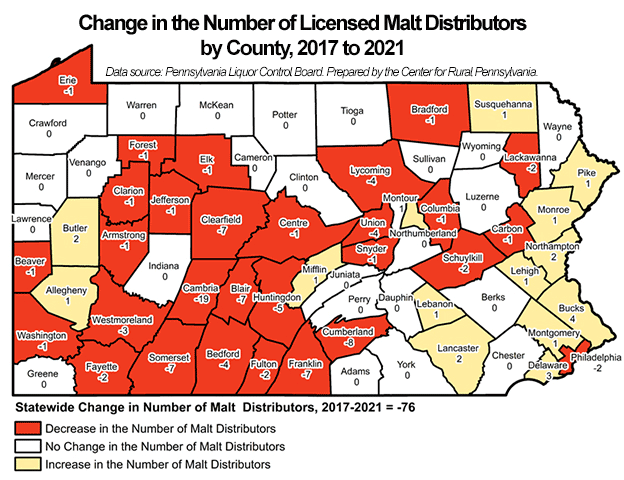 Pennsylvania Map: Change in the Number of Licensed Malt Distributors by County, 2017 to 2021