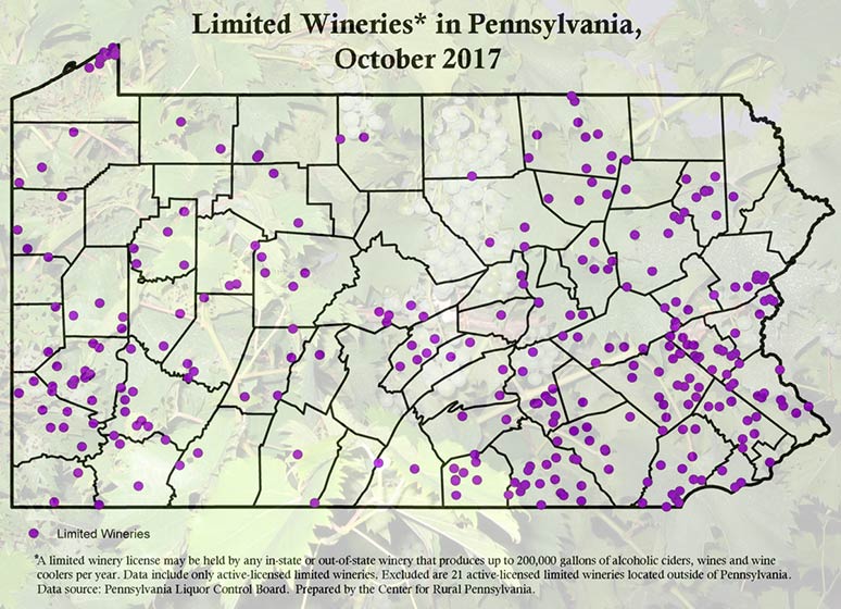 Map Showing Limited Wineries in Pennsylvania, October 2017