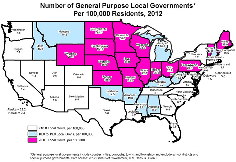 Number of General Purpose Local Governments* Per 100,000 Residents, 2012