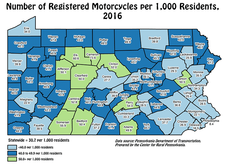 Pennsylvania Map Showing Number of Registered Motorcycles per 1,000 Residents, 2016