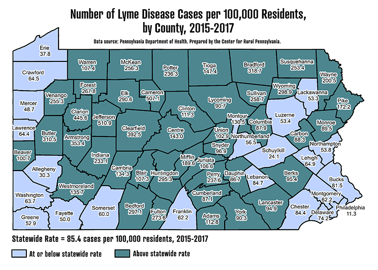 Pennsylvania Map Showing Number of Lyme Disease Cases per 100,000 Residents, by County, 2015-2017
