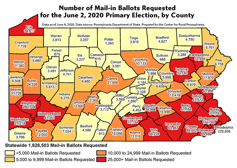Pennsylvania Map Showing Number of Mail-in Ballots Requested for the June 2, 2020 Primary Election, by County