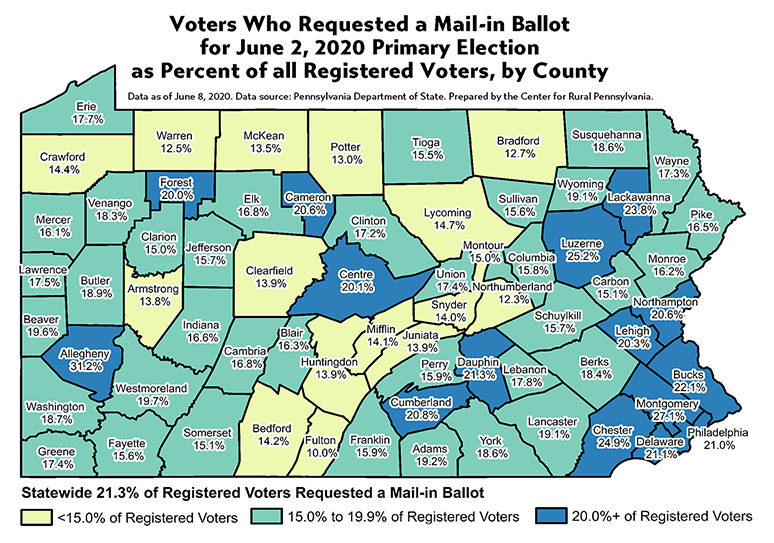 Pennsylvania Map Showing Voters Who Requested a Mail-in Ballot for June 2, 2020 Primary Election as Percent of all Registered Voters, by County