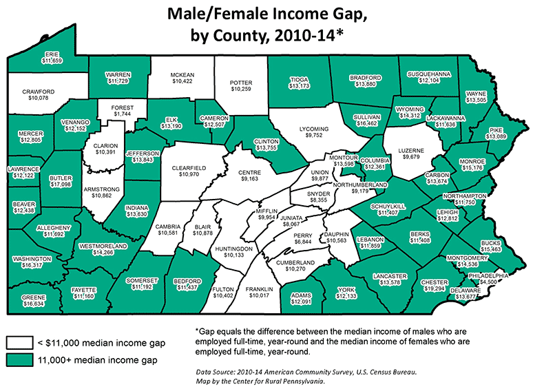 Male/Female Income Gap, by County, 2010-14