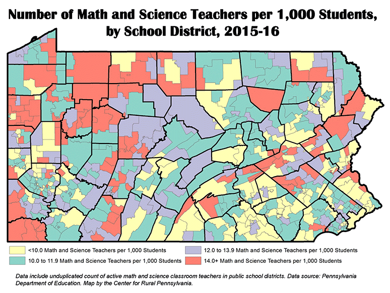 Number of Math and Science Teachers per 1,000 Students, by School District, 2015-16