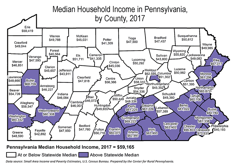 Pennsylvania Map Showing Median Household Income in Pennsylvania, by County, 2017