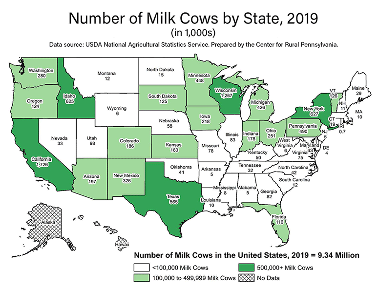United States Map: Number of Milk Cows by State, 2019