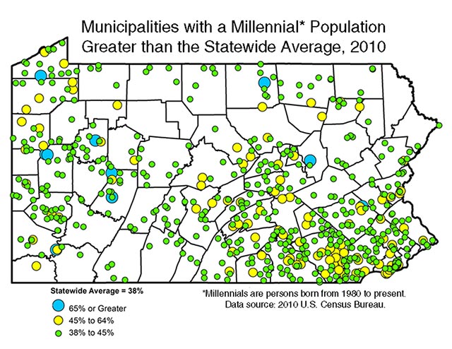 Municipalities with a millenial population greater than the statewide average, 2010