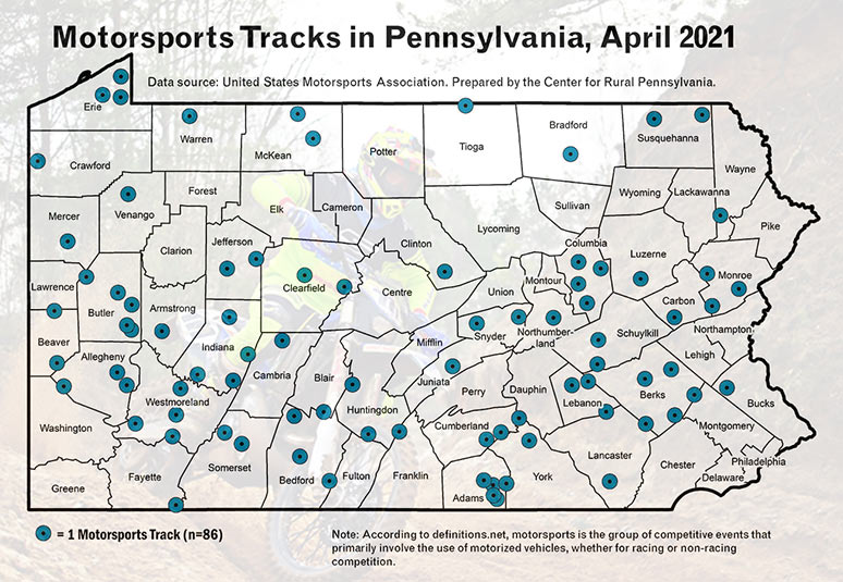 Map: Motorsports Tracks in Pennsylvania, April 2021