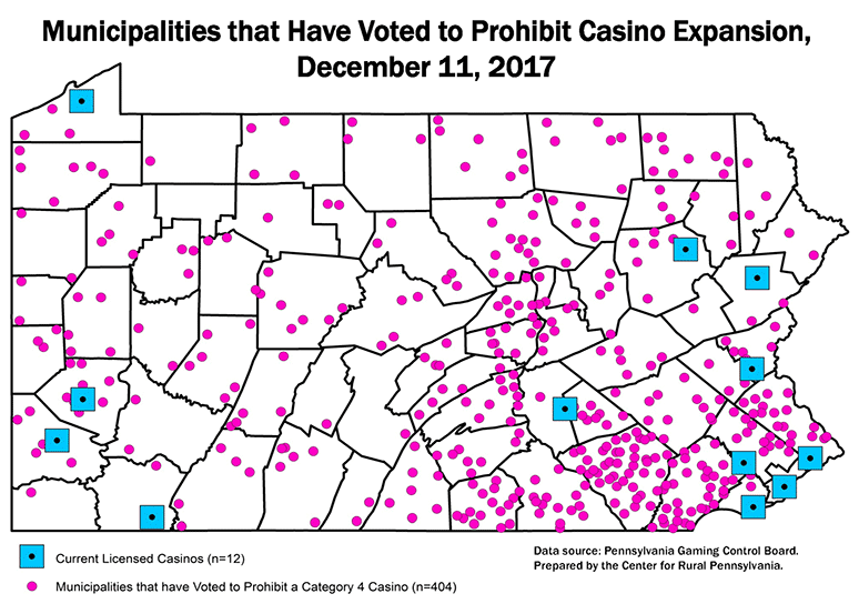 Pennsylvania Map Showing Municipalities that Have Voted to Prohibit Casino Expansion, December 11, 2017