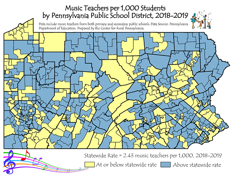 Map Showing Music Teachers per 1,000 Students by Pennsylvania Public School District, 2018-2019