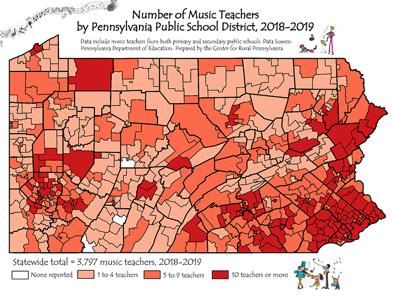 Map Showing Number of Music Teachers by Pennsylvania Public School District, 2018-2019