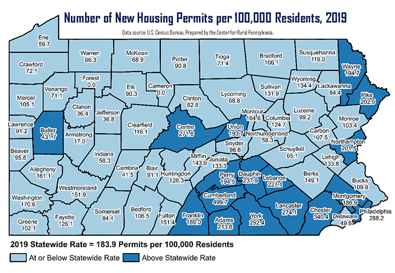 Pennsylvania Map Showing Number of New Housing Permits per 100,000 Residents, 2019