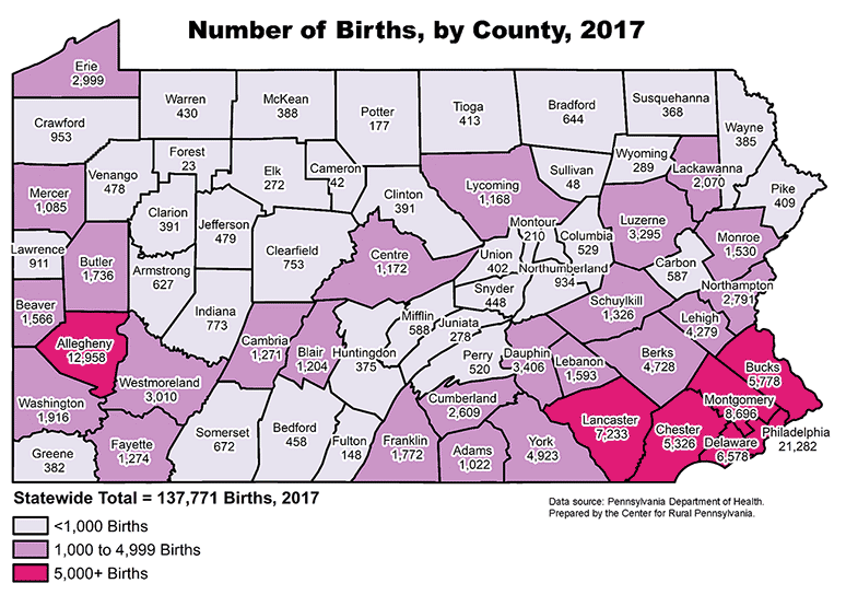 Pennsylvania Map Showing Number of Births, by County, 2017