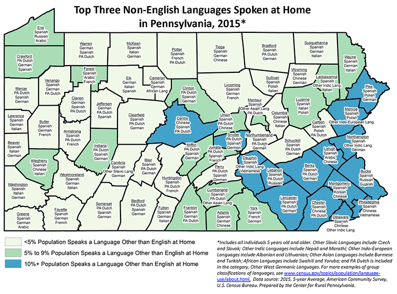 Map Showing Top Three Non-English Languages Spoken at Home in Pennsylvania, 2015