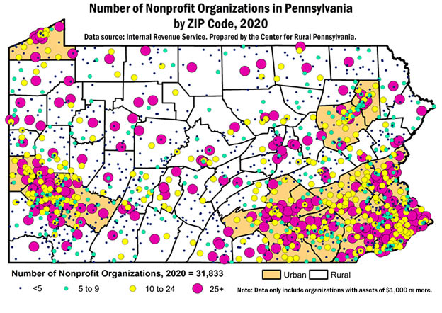 Map: Number of Nonprofit Organizations in Pennsylvania by ZIP Code, 2020