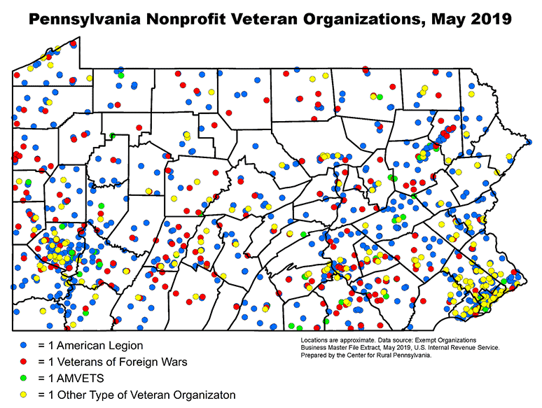 Pennsylvania Map Showing Pennsylvania Nonprofit Veteran Organizations, May 2019