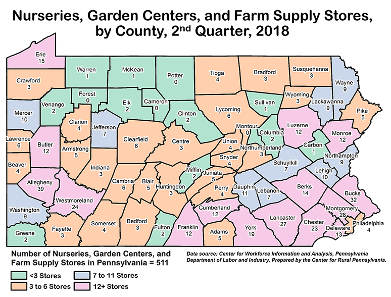 Pennsylvania Map Showing Nurseries, Garden Centers, and Farm Supply Stores, by County, Second Quarter, 2018