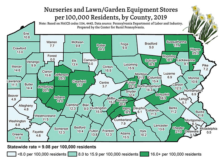 Pennsylvania Map: Nurseries and Lawn/Garden Equipment Stores per 100,000 Residents, by County, 2019