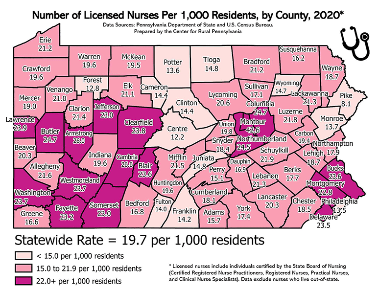 Pennsylvania Map: Number of Licensed Nurses Per 1,000 Residents, by County, 2020